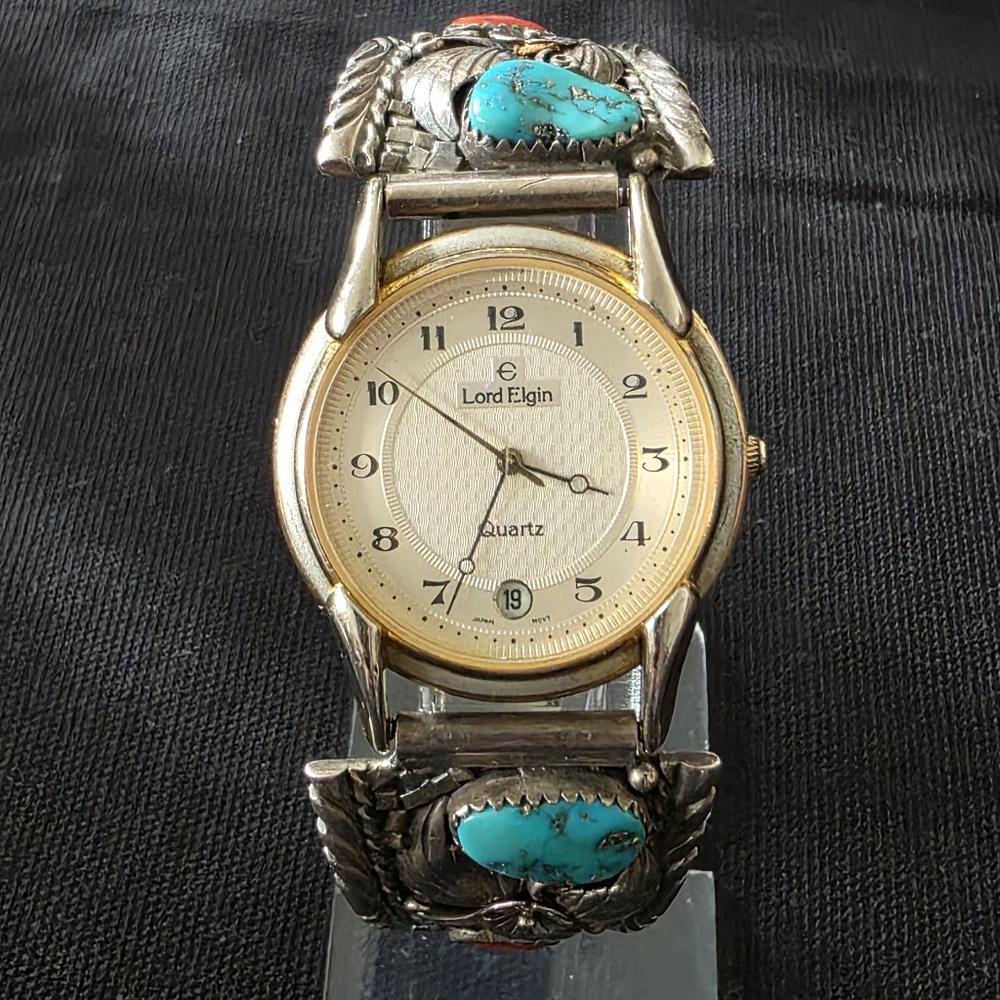 VTG JJ John Chavez Navajo Native 925 Turquoise Coral Lord Elgin Watch For Repair